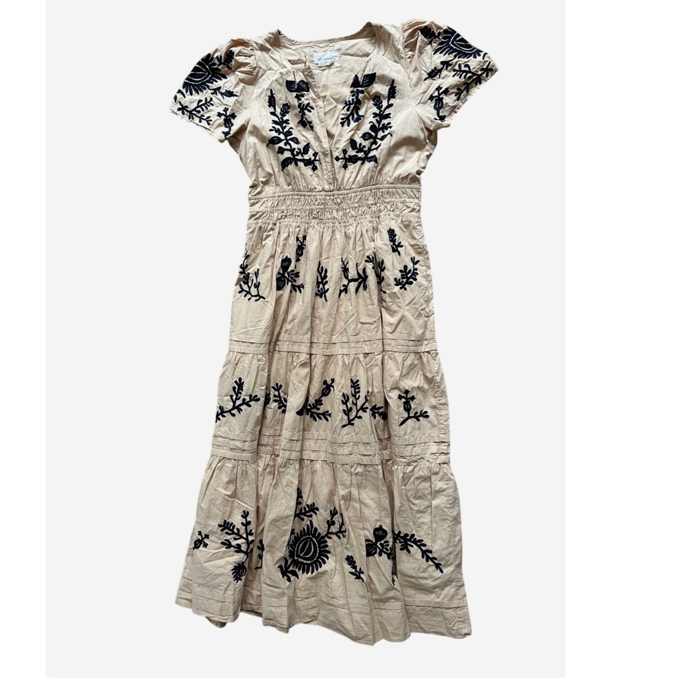 Anthropologie Somerset Tan Black Embroidered Cotton Maxi Dress Size L - Picture 2 of 8